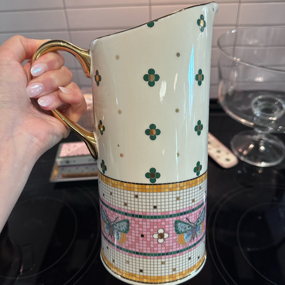 Anthropologie Butterfly Bistro Garden Tile Pitcher Mosaic Pink